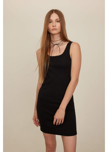 Coool Bodycon Vücudu Saran Basic Düz Fitilli Kaşkorse Kolsuz Mini Elbise A0732AX24SM