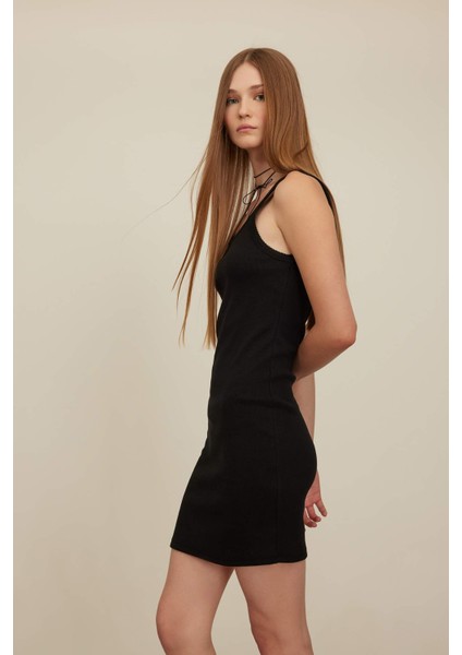 Coool Bodycon Vücudu Saran Basic Düz Fitilli Kaşkorse Kolsuz Mini Elbise A0732AX24SM