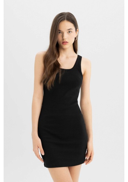 Coool Bodycon Vücudu Saran Basic Düz Fitilli Kaşkorse Kolsuz Mini Elbise A0732AX24SM