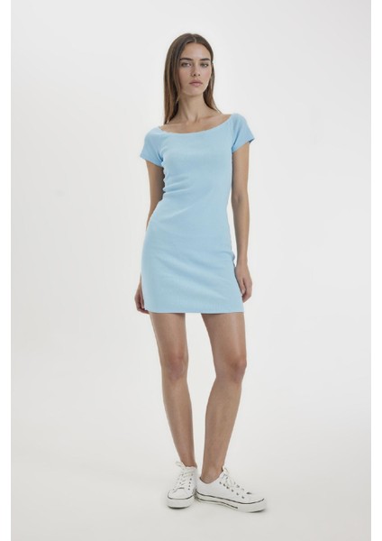 Coool Bodycon Vücuda Oturan Kayık Yaka Basic Düz Fitilli Kaşkorse Kısa Kollu Mini Elbise A7362AX24SM