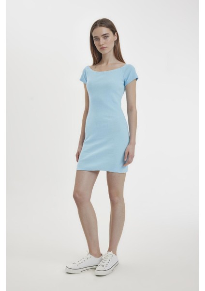 Coool Bodycon Vücuda Oturan Kayık Yaka Basic Düz Fitilli Kaşkorse Kısa Kollu Mini Elbise A7362AX24SM