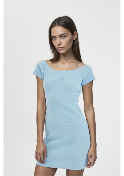 Coool Bodycon Vücuda Oturan Kayık Yaka Basic Düz Fitilli Kaşkorse Kısa Kollu Mini Elbise A7362AX24SM