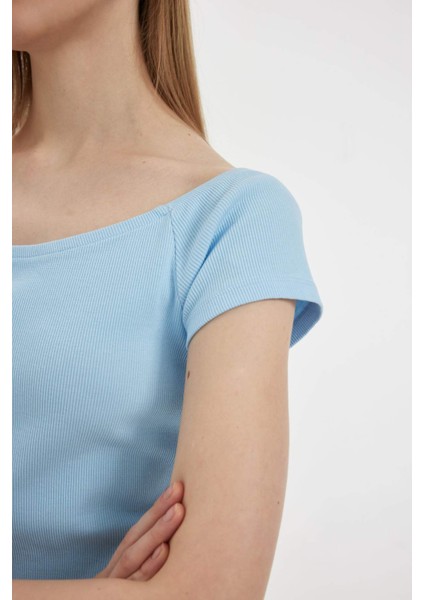 Coool Bodycon Vücuda Oturan Kayık Yaka Basic Düz Fitilli Kaşkorse Kısa Kollu Mini Elbise A7362AX24SM