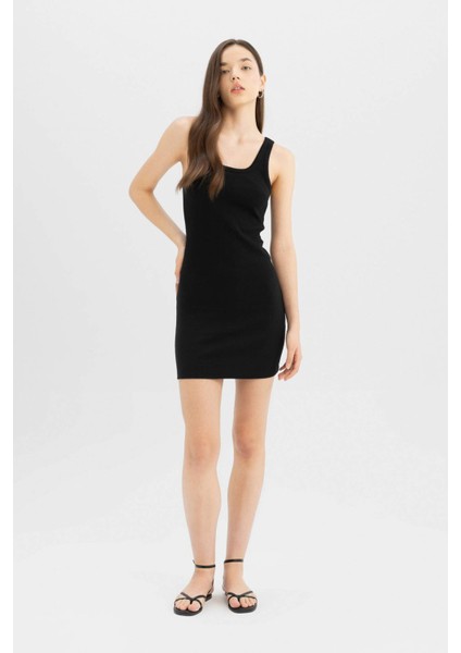 Coool Bodycon Vücudu Saran Basic Düz Fitilli Kaşkorse Kolsuz Mini Elbise A0732AX24SM