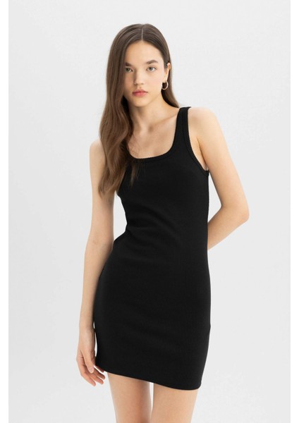 Coool Bodycon Vücudu Saran Basic Düz Fitilli Kaşkorse Kolsuz Mini Elbise A0732AX24SM