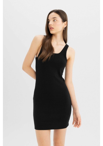 Coool Bodycon Vücudu Saran Basic Düz Fitilli Kaşkorse Kolsuz Mini Elbise A0732AX24SM