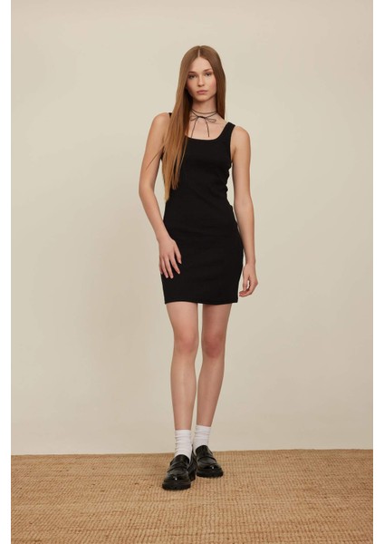 Coool Bodycon Vücudu Saran Basic Düz Fitilli Kaşkorse Kolsuz Mini Elbise A0732AX24SM