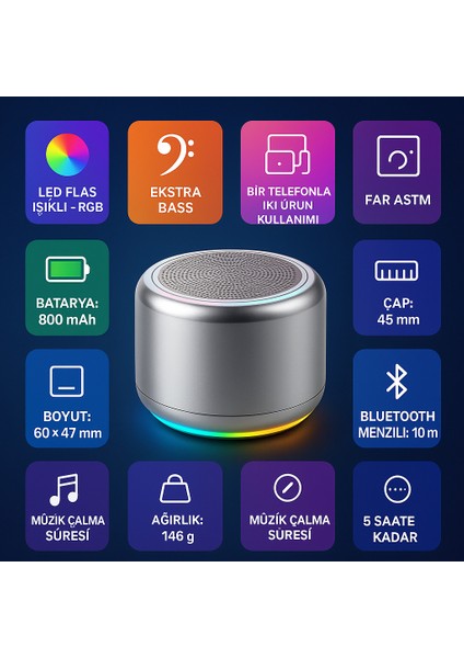 Samsung Galaxy Z Flip6 Uyumlu Bluetooth Hoparlör Ekstra Bass, LED Işıklı, Taşınabilir Mini Hoparlör