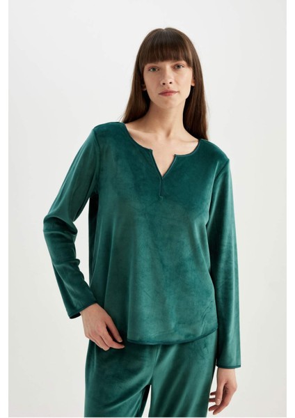 Pijama Takımı V Yaka Velur Uzun Kollu Üst Beli Lastikli Alt-Fall in Love A3356AX24AU