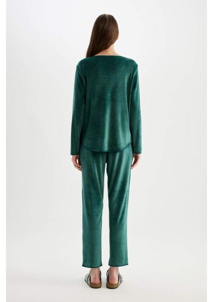 Pijama Takımı V Yaka Velur Uzun Kollu Üst Beli Lastikli Alt-Fall in Love A3356AX24AU