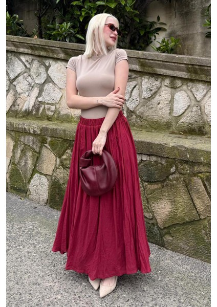 Bordo Vual Kumaş Basic Kadın Uzun Boy Kadın Etek MG2366 modelleri