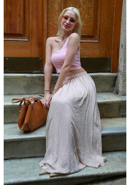 Bej Vual Kumaş Basic Kadın Uzun Boy Kadın Etek MG2366 modelleri