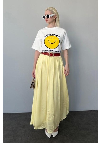 Açık Sarı Vual Kumaş Basic Kadın Uzun Boy Kadın Etek MG2366 modelleri