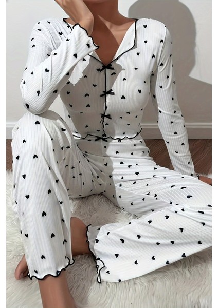 Kalp Baskılı Uzun Kollu Pijama Takımı