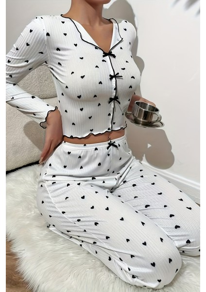 Kalp Baskılı Uzun Kollu Pijama Takımı fiyatları