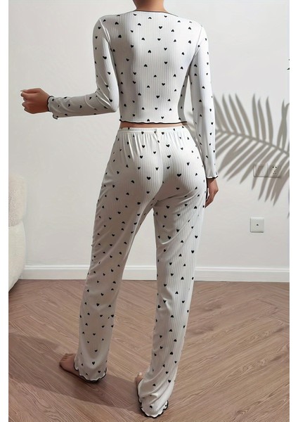 Kalp Baskılı Uzun Kollu Pijama Takımı modelleri