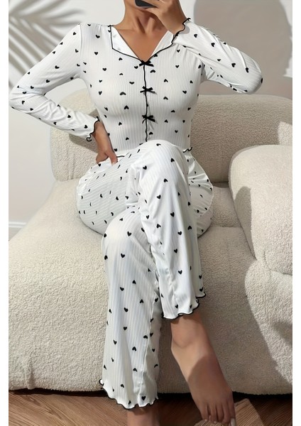 Kalp Baskılı Uzun Kollu Pijama Takımı fırsatları