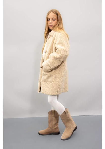 Kız Çocuk Rüzgar Geçirmez Düğmeli Cepli Kaşe Parka