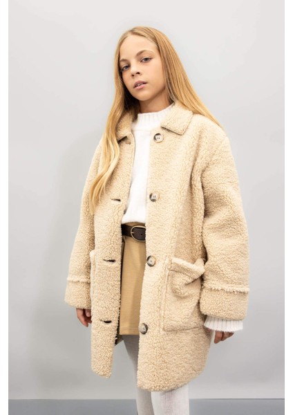 Kız Çocuk Rüzgar Geçirmez Düğmeli Cepli Kaşe Parka