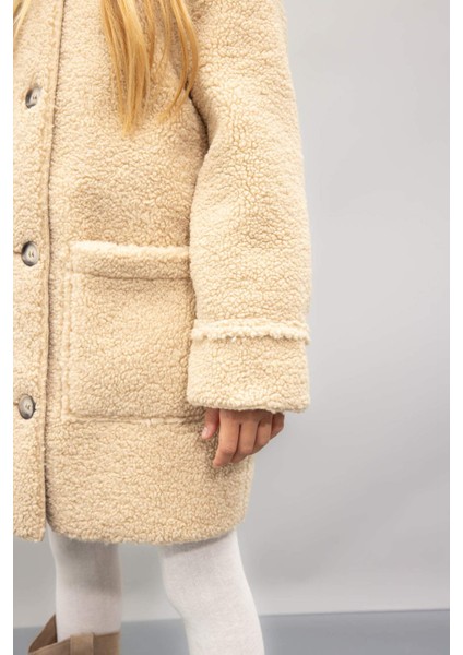 Kız Çocuk Rüzgar Geçirmez Düğmeli Cepli Kaşe Parka