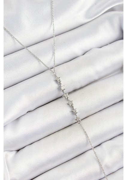 Pirinç Zirkon Taşlı Sıralı Yıldız Figürlü Y Model Gümüş Renk Kadın Kolye