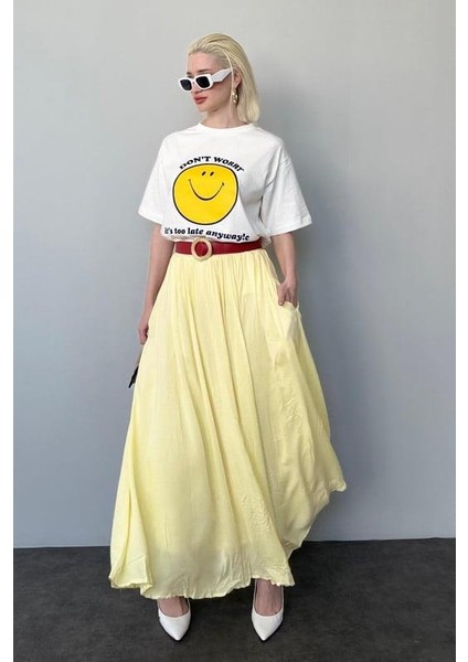 Açık Sarı Vual Kumaş Basic Kadın Uzun Boy Kadın Etek MG2366 indirimleri