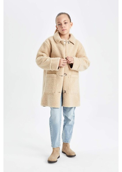 Kız Çocuk Rüzgar Geçirmez Düğmeli Cepli Kaşe Parka