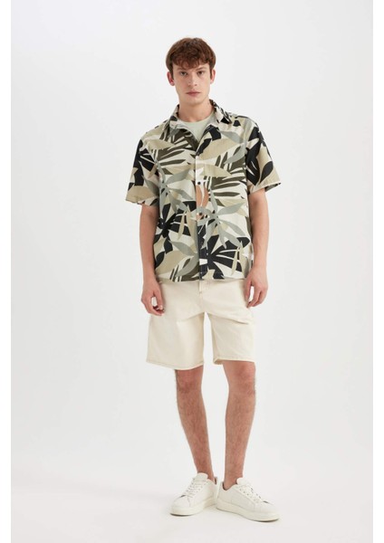 Regular Fit Yazlık Hawaii Baskılı Pamuklu Kısa Kollu Gömlek C7667AX24SM