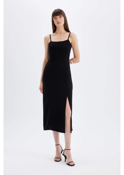 Kare Yaka Keten Karışımlı Yırtmaçlı Askılı Midi Abiye Elbise