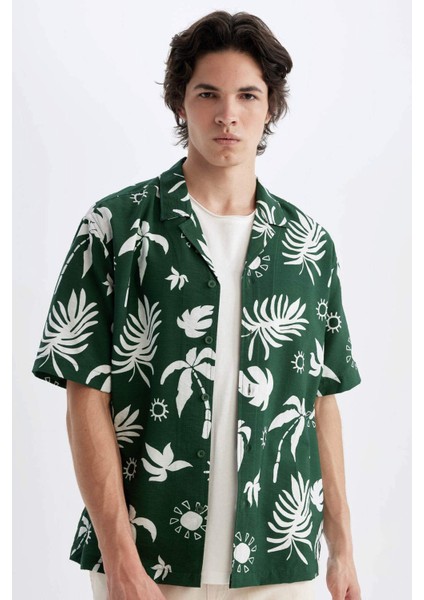 Relax Fit Yazlık Apaş Yaka Hawaii Baskılı Viskon Kısa Kollu Gömlek C7699AX24SM