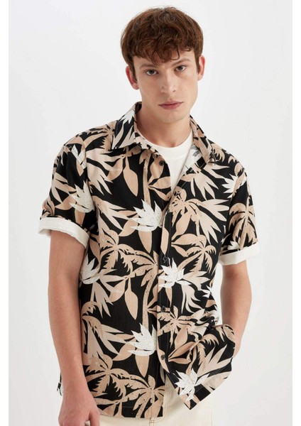 Regular Fit Yazlık Hawaii Baskılı Pamuklu Kısa Kollu Gömlek C7667AX24SM