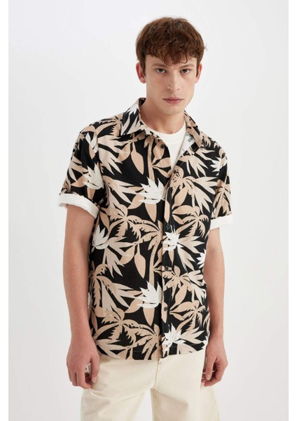 Regular Fit Yazlık Hawaii Baskılı Pamuklu Kısa Kollu Gömlek C7667AX24SM