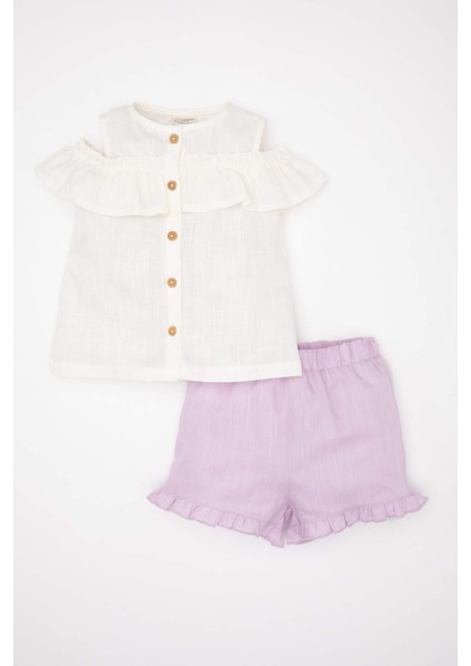 Kız Bebek 2'li Takım Flamlı Poplin Kolsuz Fırfırlı Bluz Şort C9522A524SM