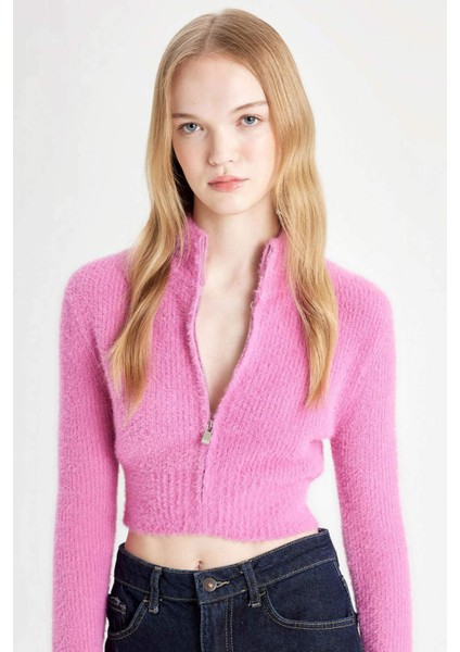 Crop Basic Düz Fermuarlı Dik Yaka Triko Hırka C6298AX24WN