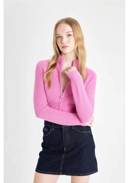 Crop Basic Düz Fermuarlı Dik Yaka Triko Hırka C6298AX24WN