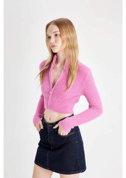 Crop Basic Düz Fermuarlı Dik Yaka Triko Hırka C6298AX24WN