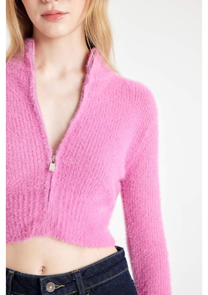 Crop Basic Düz Fermuarlı Dik Yaka Triko Hırka C6298AX24WN