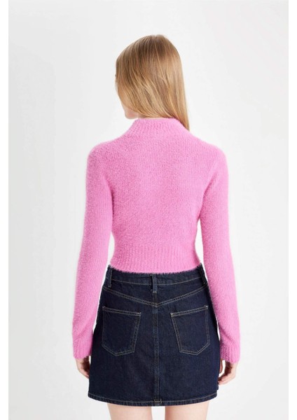 Crop Basic Düz Fermuarlı Dik Yaka Triko Hırka C6298AX24WN