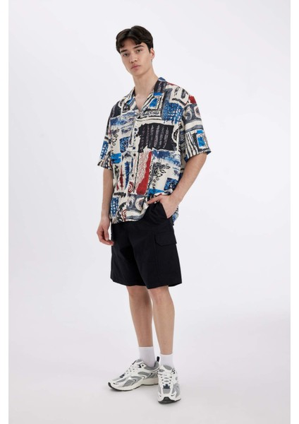 Relax Fit Yazlık Apaş Yaka Desenli Viskon Kısa Kollu Gömlek B7390AX24SP