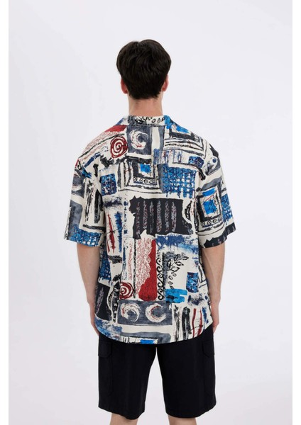 Relax Fit Yazlık Apaş Yaka Desenli Viskon Kısa Kollu Gömlek B7390AX24SP