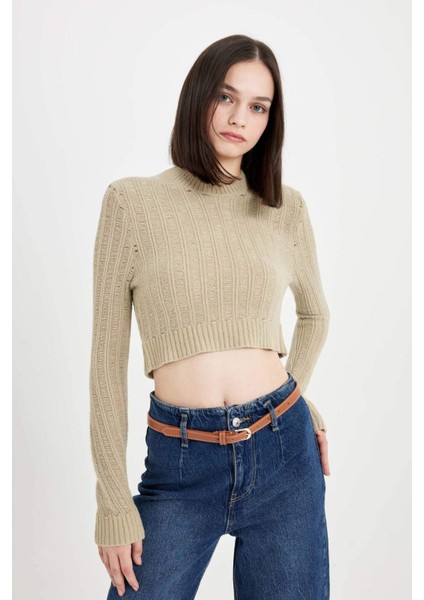 Regular Fit Crop Bisiklet Yaka Örgü Delikli Triko Kazak C6321AX24WN