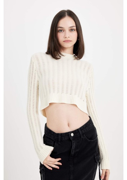 Regular Fit Crop Bisiklet Yaka Örgü Delikli Triko Kazak C6321AX24WN