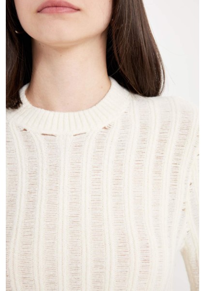 Regular Fit Crop Bisiklet Yaka Örgü Delikli Triko Kazak C6321AX24WN