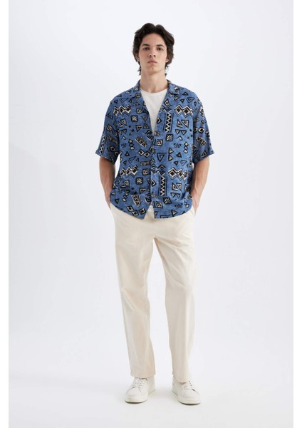 Regular Fit Yazlık Apaş Yaka Desenli Viskon Kısa Kollu Gömlek C7688AX24SM