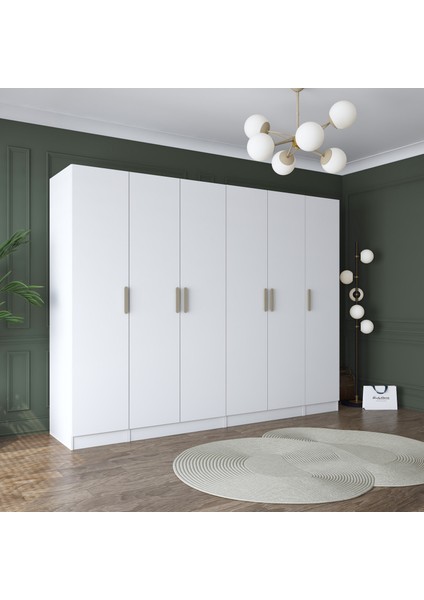 BA157 Geniş Gardırop Elbise Dolabı 6 Kapaklı 13 Raflı 3 Askılı Modüler Dolap Beyaz