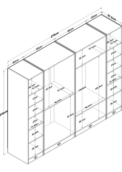 BA157 Geniş Gardırop Elbise Dolabı 6 Kapaklı 13 Raflı 3 Askılı Modüler Dolap Beyaz fiyatları