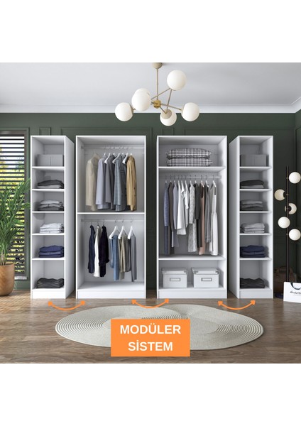 BA157 Geniş Gardırop Elbise Dolabı 6 Kapaklı 13 Raflı 3 Askılı Modüler Dolap Beyaz fırsatları