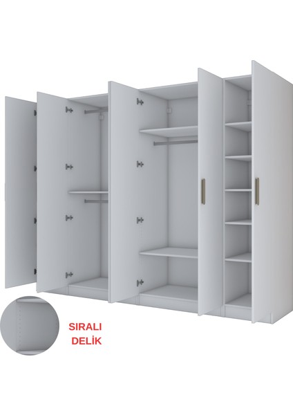 BA157 Geniş Gardırop Elbise Dolabı 6 Kapaklı 13 Raflı 3 Askılı Modüler Dolap Beyaz indirimleri