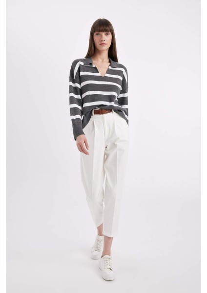 Relax Fit Polo Yaka Çizgili Triko Kazak