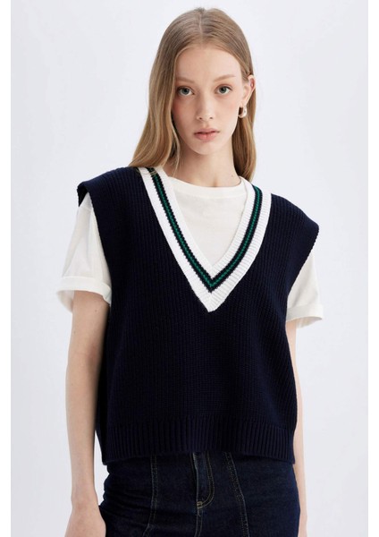 Regular Fit V Yaka Selanik Örgülü Triko Süveter A3867AX24AU